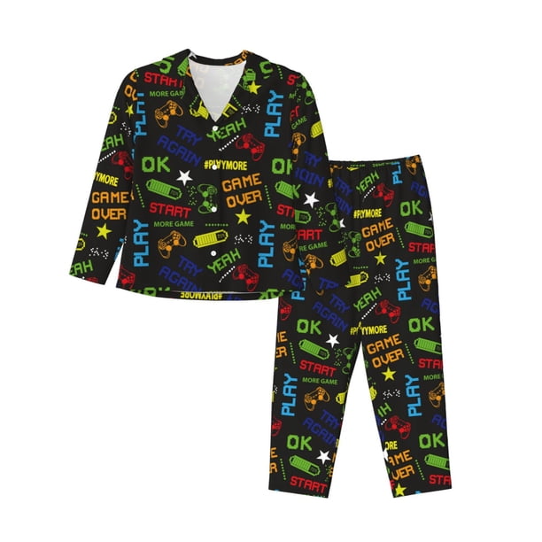 Balery Pixel Game Conjunto de Pijama con Estampado para Mujer, Conjunto de Dos Piezas con Manga Larga, Ropa de Dormir Suave con Bolsillos, Pijamas Cómodos-Large