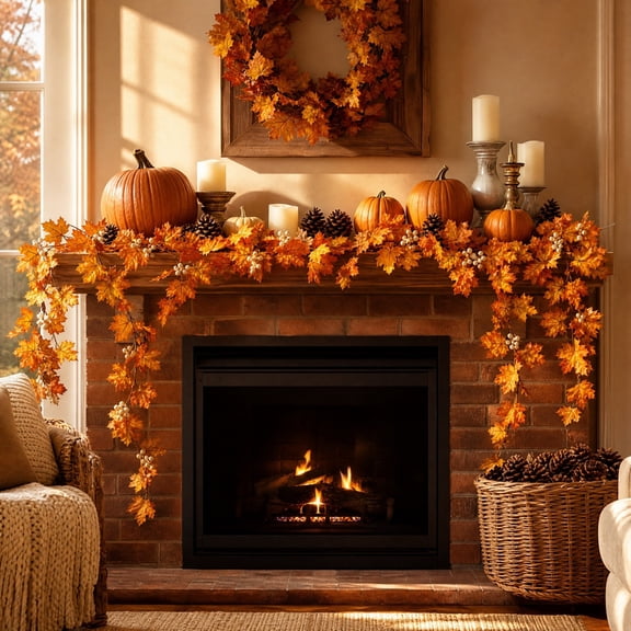 AURIGATE Thanksgiving Halloween Maple Leaf Garland 78.74 in Plastic Fall Vine for Mantel Table Decor