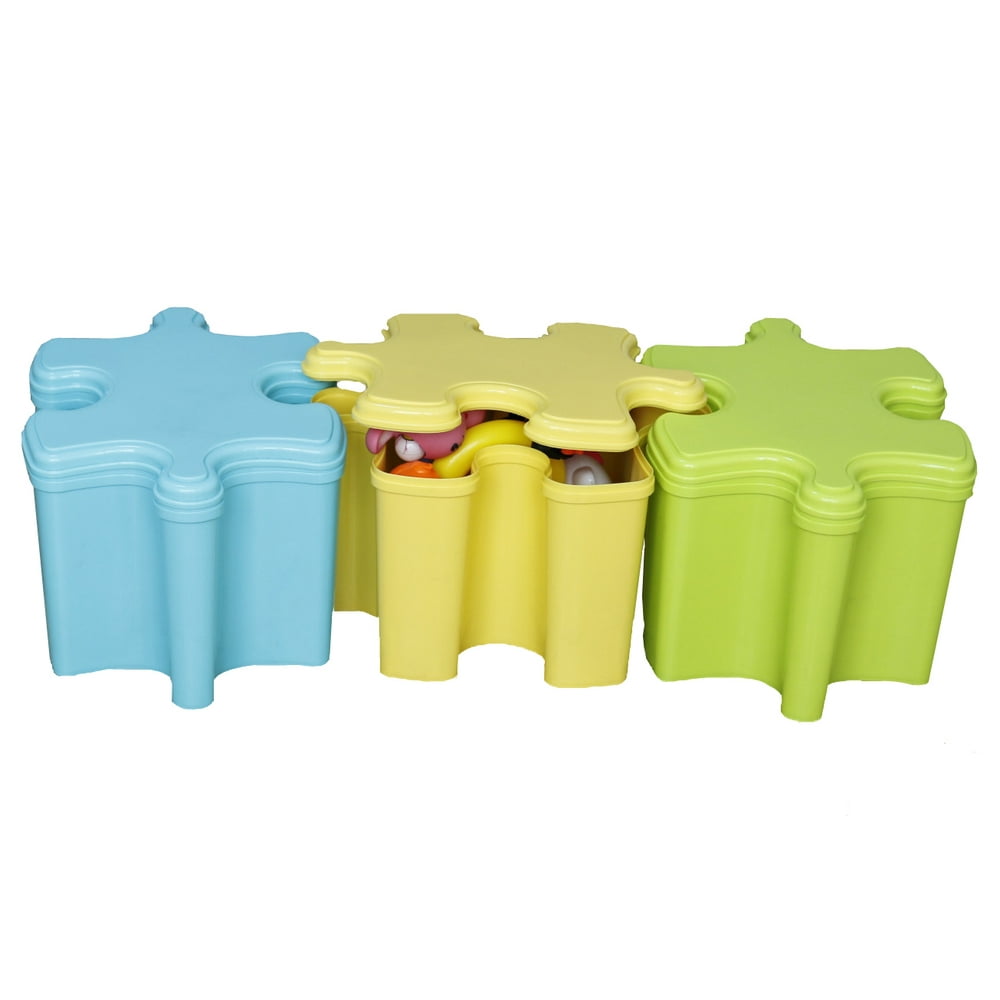 Set of Three Puzzle Piece Shaped Toy Storage Containers with Lids in 3 Colors, Blue, Green, and