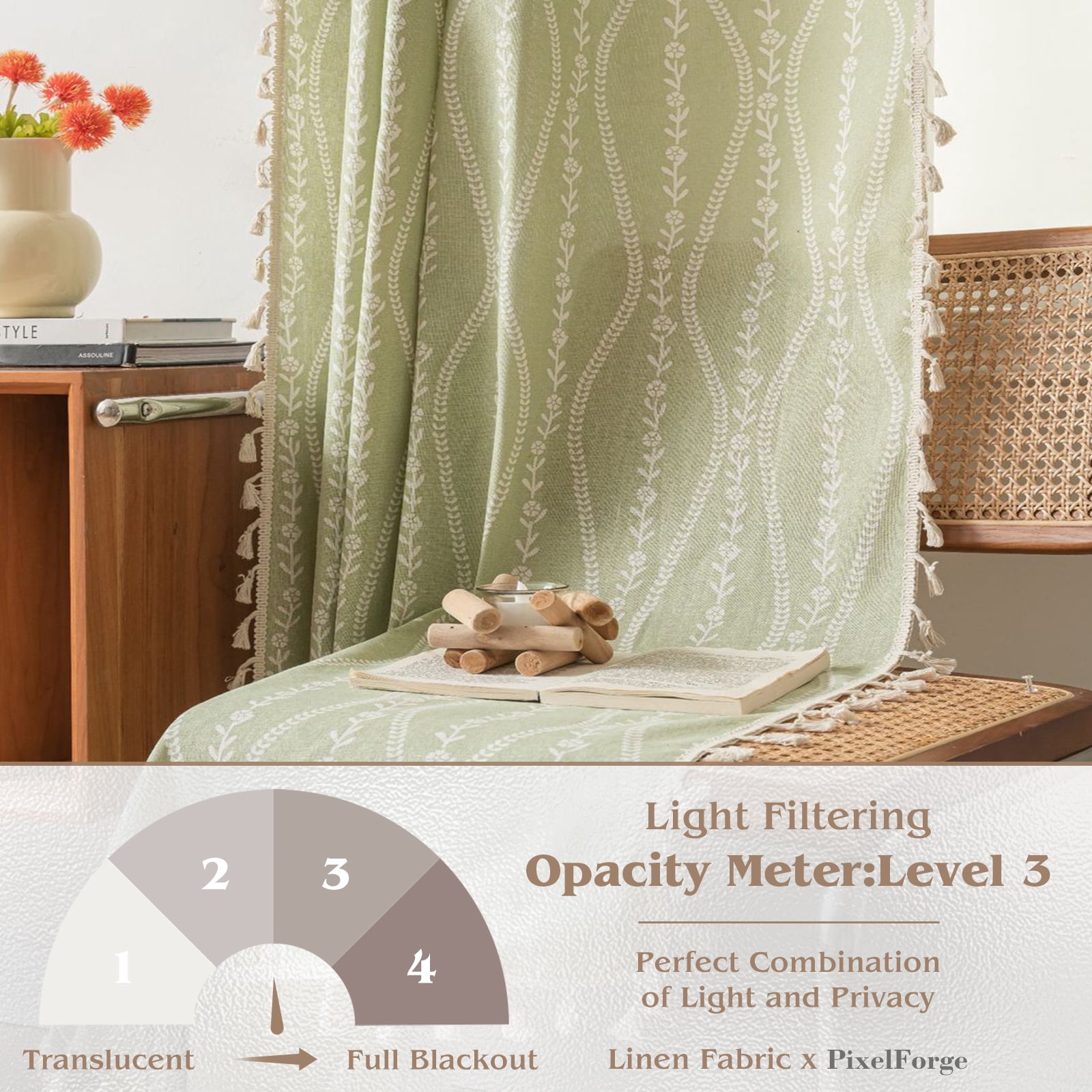 PixelForge Linen Curtains Floral Patterned Window Curtains, 84 Inch Length, Farmhouse Style, Semi-Blackout Light Filtering,1 Panel for Living Room,Green