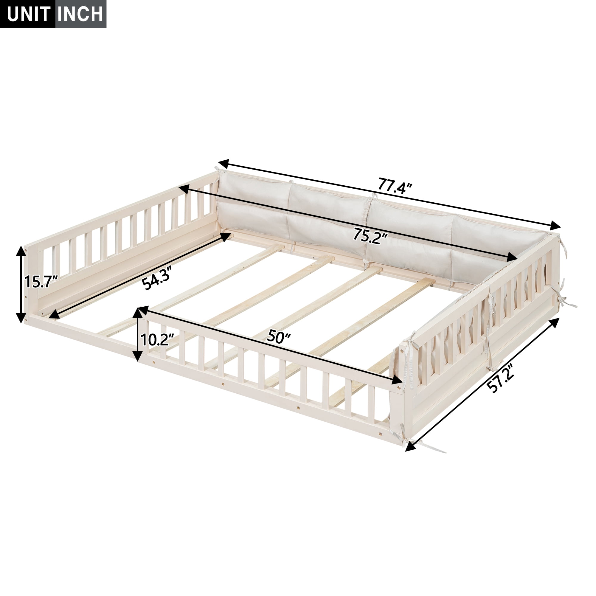 Euroco Upholstered Full Size Platfrom Bed, Floor Bed with Pillow, Beige