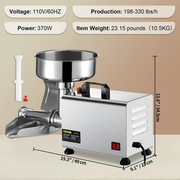 Heavy-Duty Tomato Milling Machine 370W, 110V Electric - Stainless Steel Strainer & Sauce Press, 90-160 Kg/H, Copper Motor