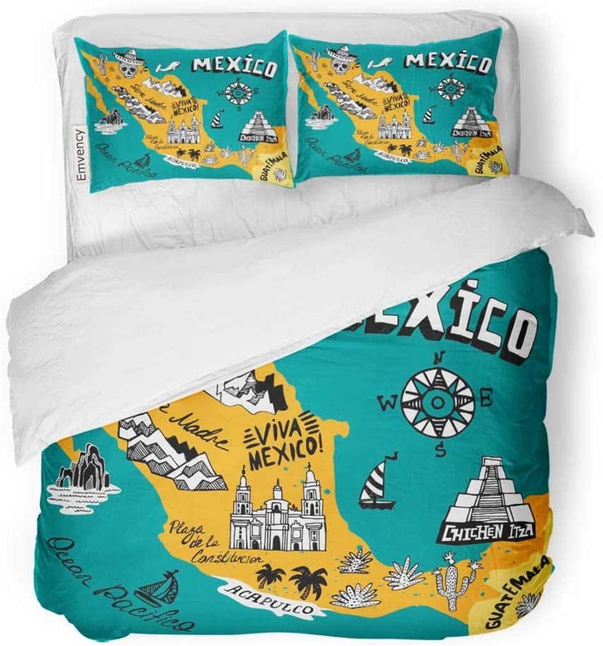 ZHANZZK 3 Piece Bedding Set Yellow Trip Map of Mexico with The Main Attractions Beach Road City