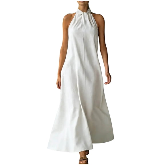 YuXingFu Mother Of The Bride Dresses for Women Maxi Crew Neck Plus Size Womens Dress Sleeveless with Pocket Long Casual Summer White S