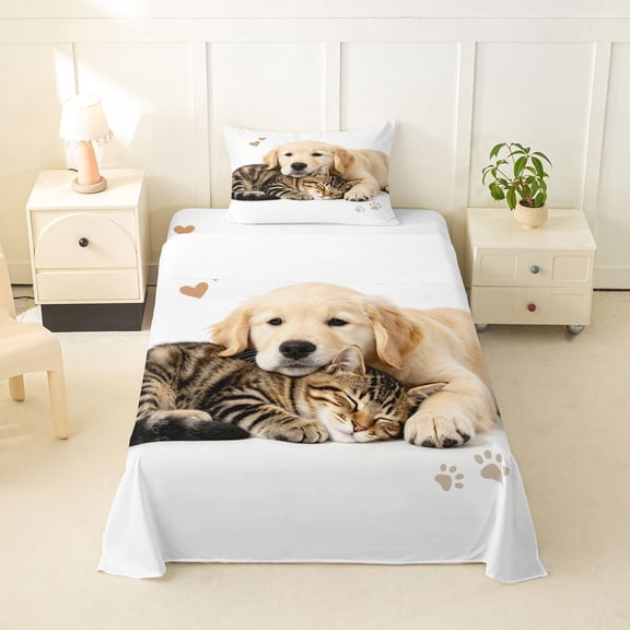 Homewish Kawaii Dog Cat Twin Sheets,Pet Love Theme Bedding,White,3-Piece,1 Fitted Sheet and 1 Pillowcase