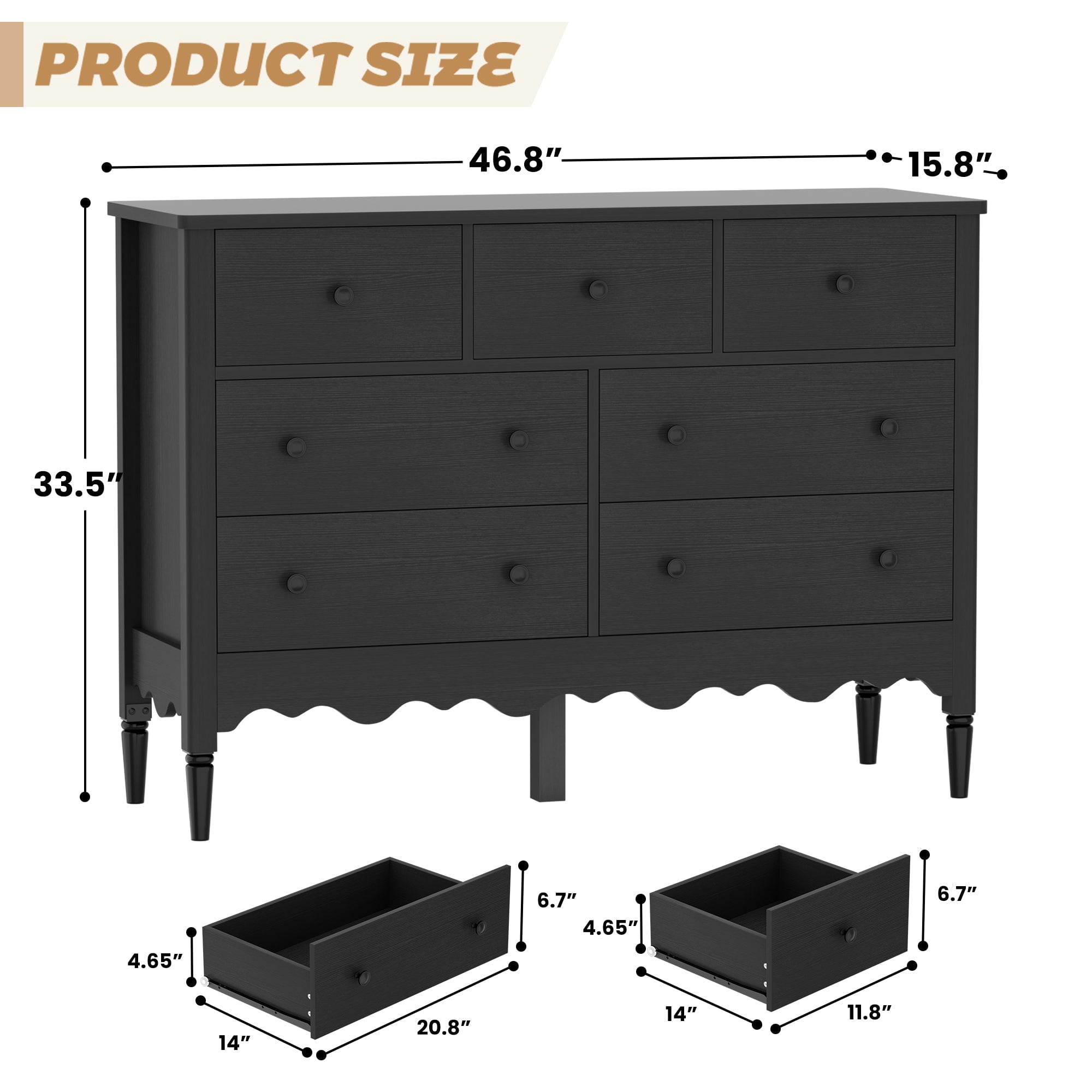 iSunirm 7-Drawer Dresser, Farmhouse Wooden Chest of Drawers for Bedroom, Closet, Black