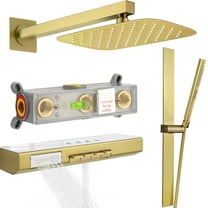 Brushed Gold Rainfall Shower System Combo-12" Wall-Mounted Shower Kit with 2-in-1 Handheld Spray, Adjustable Slide Bar & Body Jets, Waterfall Spout Shower Faucet Set