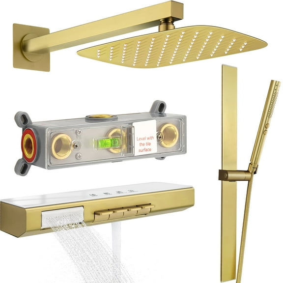 Brushed Gold Rainfall Shower System Combo-12" Wall-Mounted Shower Kit with 2-in-1 Handheld Spray, Adjustable Slide Bar & Body Jets, Waterfall Spout Shower Faucet Set