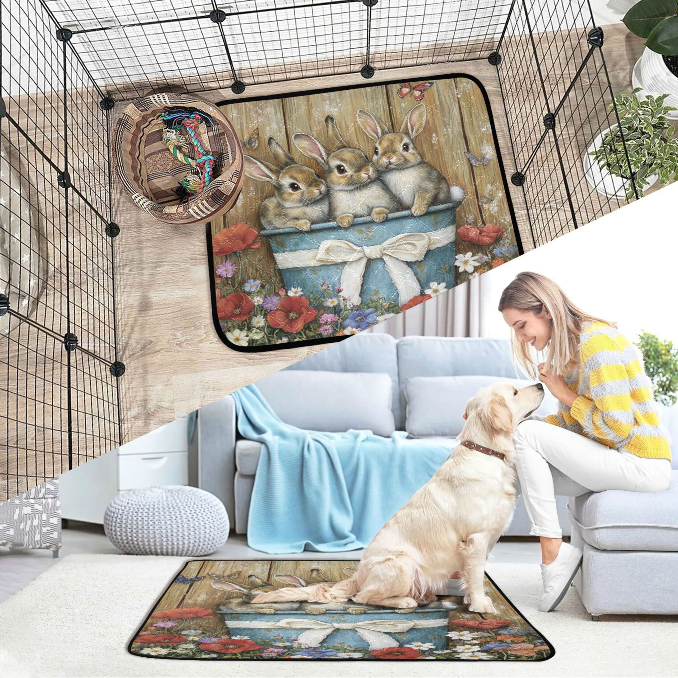 Qxltty Cute Bunnies Cat litter Pads Pet Set of 2 Diaper Mats Center Anti-leakage Layer Absorbent Soft and Comfortable