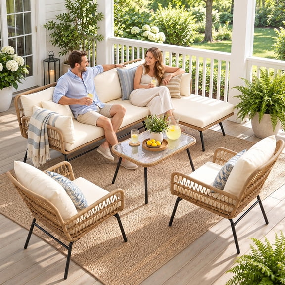 RADIATA boho patio furniture set, 4-Piece boho outdoor furniture set, L-Shaped boho patio sectional, patio furniture set boho wicker with Cream Cushions, Glass Table, 500 lbs Capacity