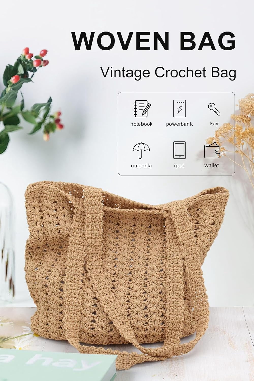 CAILDANL Boho Crochet Summer Handbag Handmade Cotton Rope Knit Shoulder Bags for Women Bohemia Tote for Travel