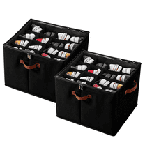 PKALQ 2 Pack Shoe Organizer for Closet, Foldable Shoe Storage Bins with Clear Cover, Space Saving Shoes Holder with 3 Handles, Shoe Box Storage Containers, Fits up to 32 Pairs, Black