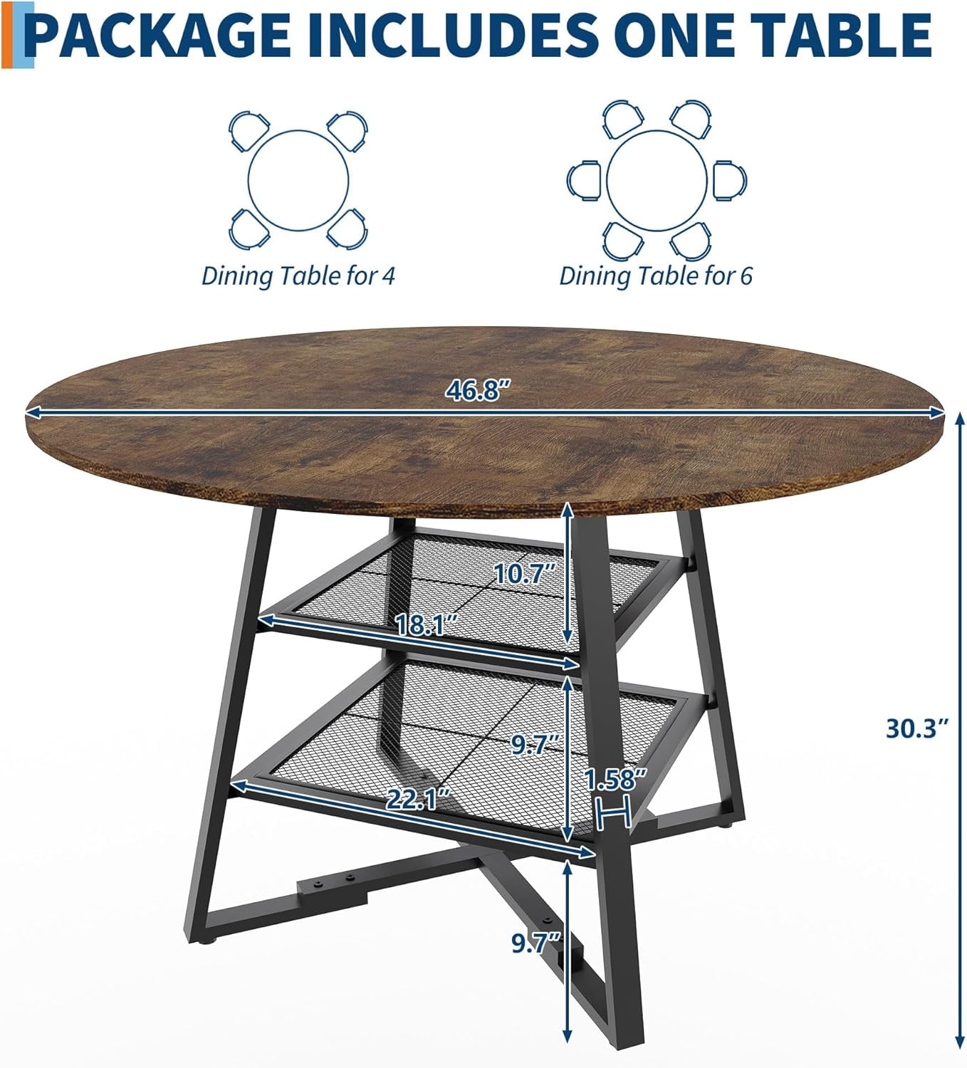 Gaderth Dinning Room Tables for 4, Round Dining Table Set with Storage, Circle Kitchen Dining Table with Metal Base, 47 Inch Wood Kitchen Tables with Storage Shelf【only table】