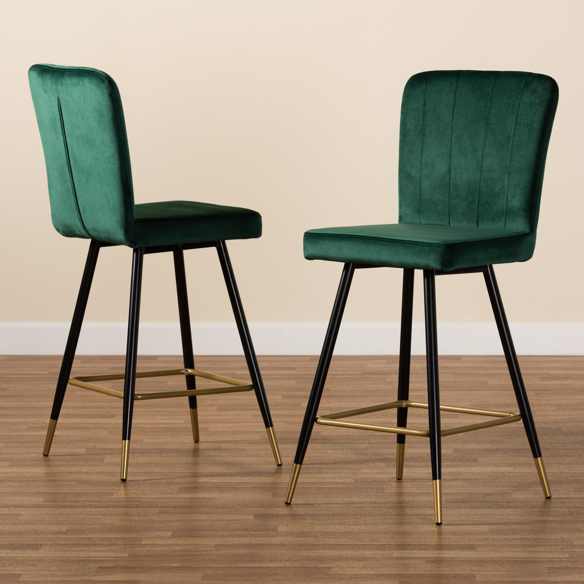 Baxton Studio Preston Bar Stool, Green, Black and Gold, Set of 2
