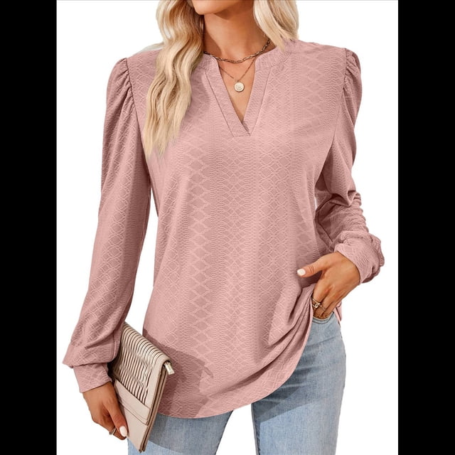 Blusas para Mujer, Elegantes, Informales, con Cuello en V, Larga, Blusas para Mujer con Mangas Abullonadas Rosa Grisáceo XXL