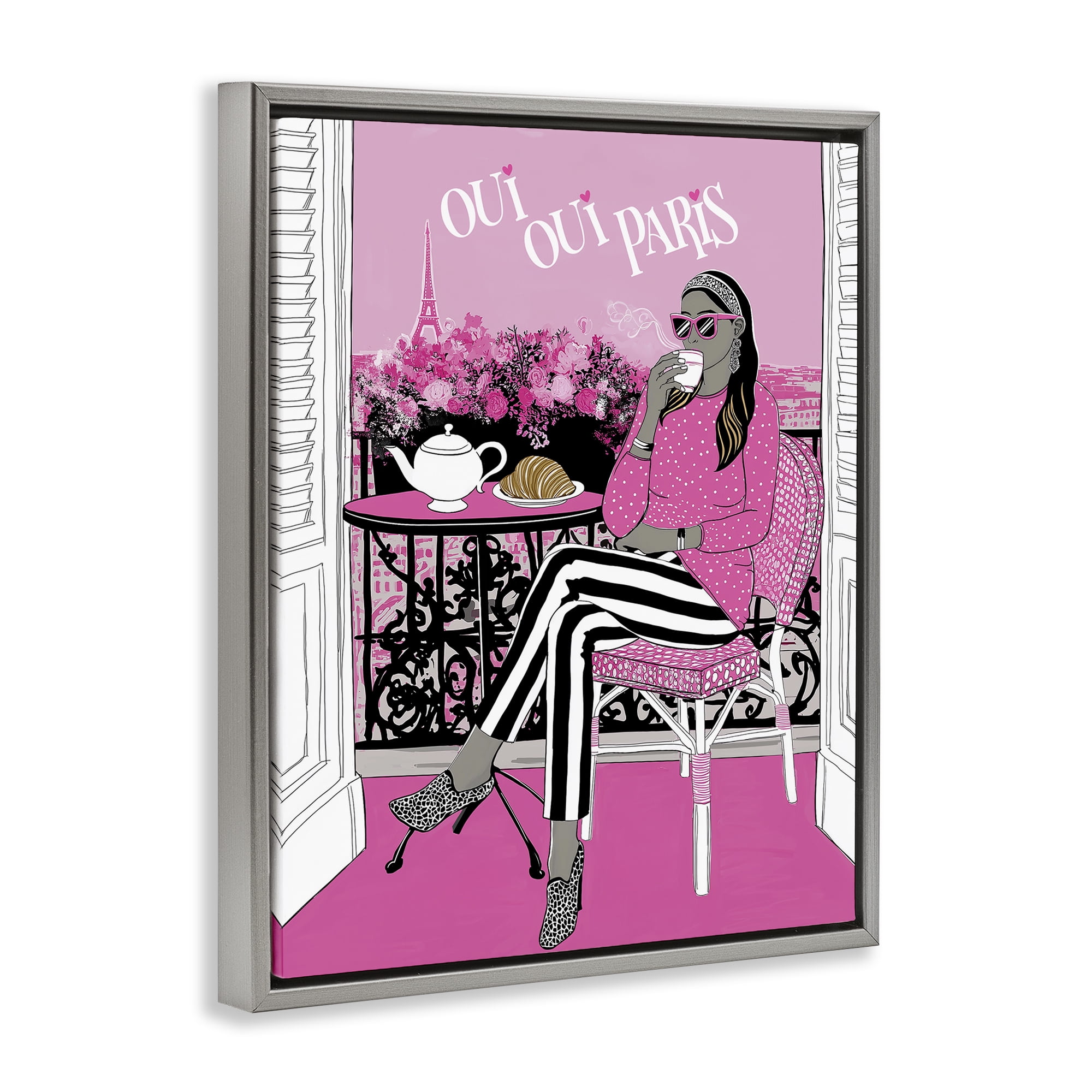 Stupell Industries Oui Oui Parisian Cafe Morning Gray Framed Floater Canvas Wall Art, design by Jess Stempel