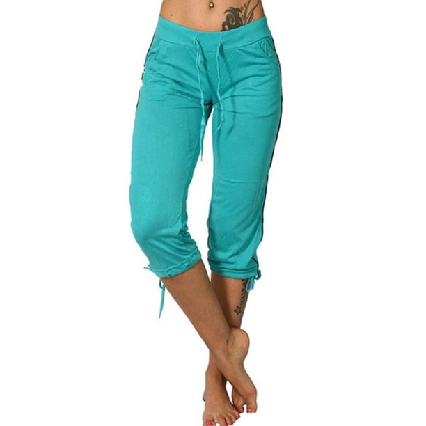 Innerwin Capri Pants Elastic Waisted Women Capris Sports Solid Color Lounge Yoga  Pant Green 2XL 