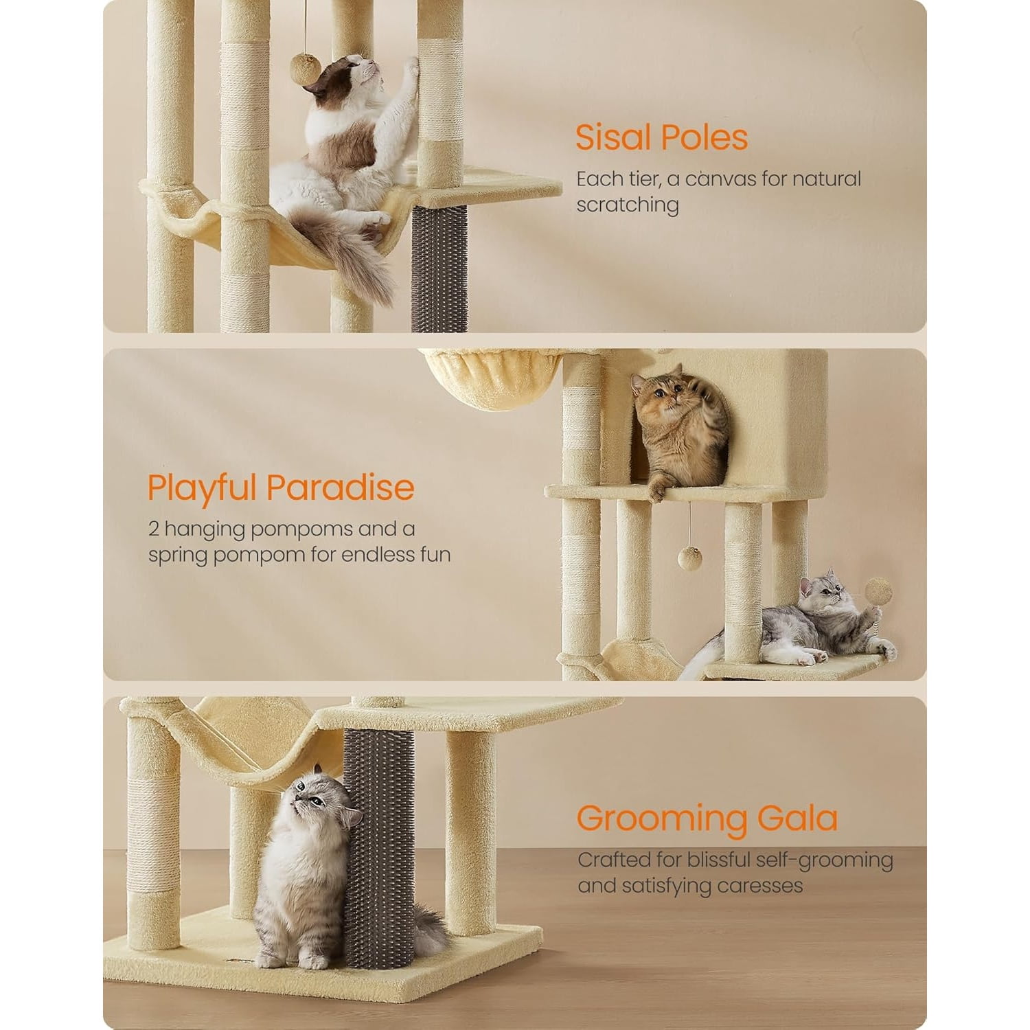 Cat Tree, 69-Inch Tall Cat Tower, Multi-Level Plush Condo with 2 Caves, 2 Baskets, 5 Scratching Posts, Self-Groomer, Perch, Hammock, Sand Beige