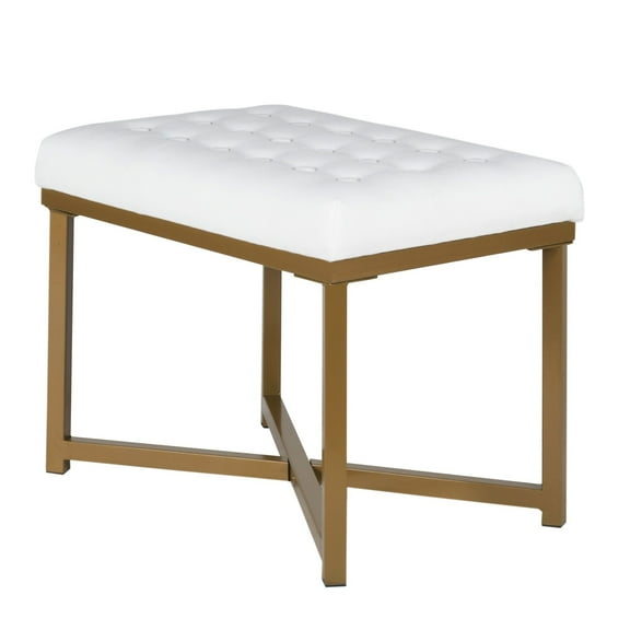 Benjara Metal Framed Bench with Button Tufted Velvet Upholstered Seat, White and Gold
