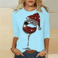 thumbnail image 2 of DeHolifer Women T-Shirts Red Wine Glass 3/4 Sleeve Christmas Pullover Xmas Santa Hat Graphic Blouse T-Shirts Tops Light Blue S, 2 of 4