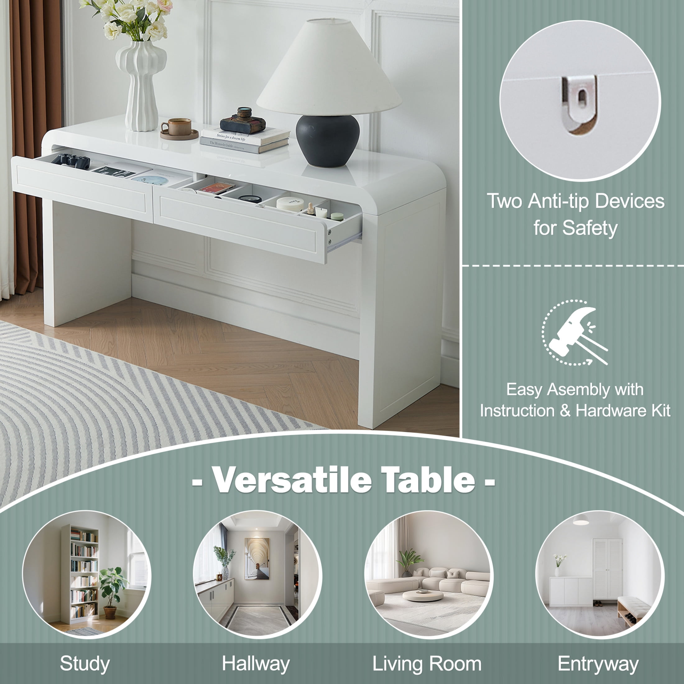 Christopher Knight Home 59.8" Modern Curved Console Table, MDF Entryway Storage Table with 2 Drawers, White