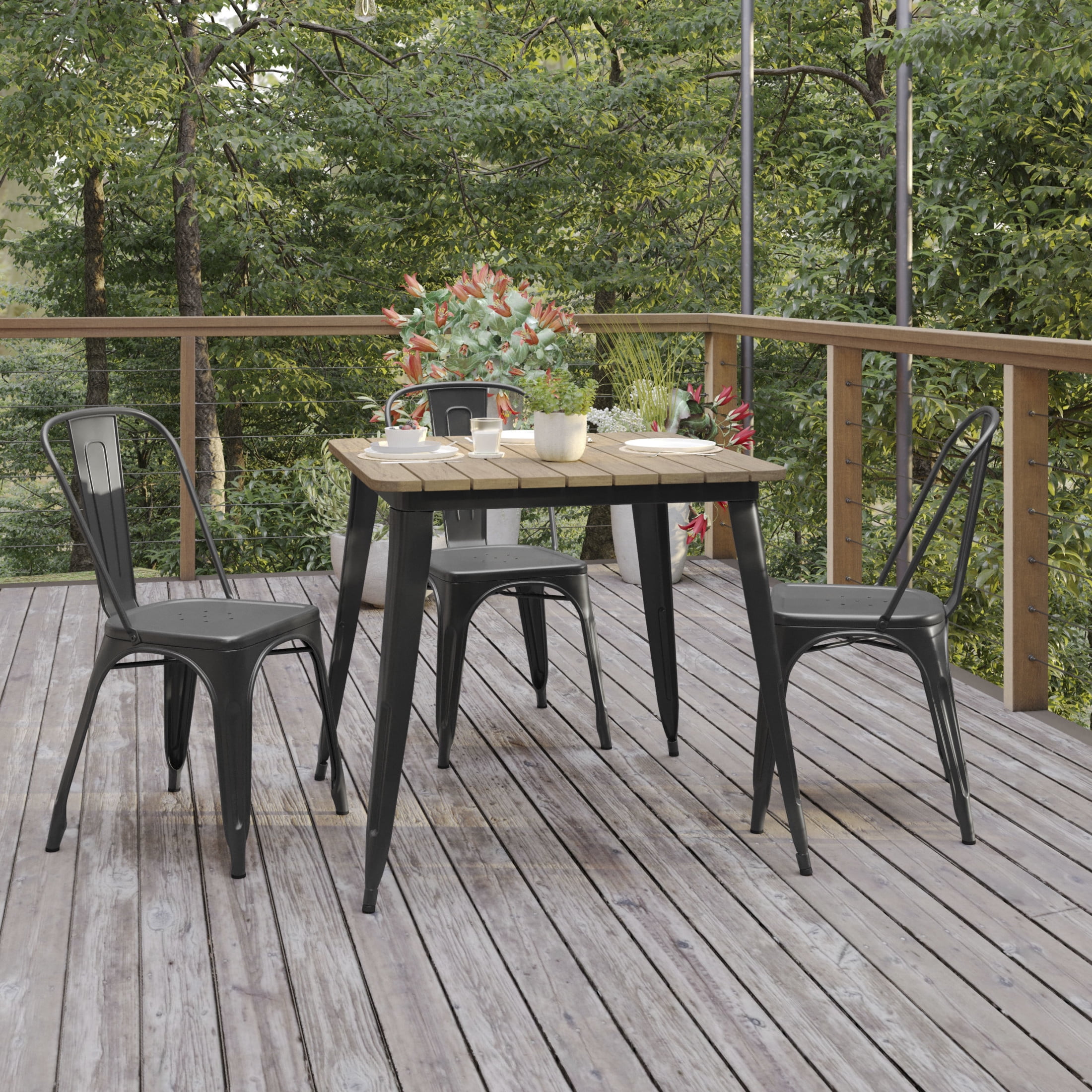 Flash Furniture Declan Commercial Grade Indoor/Outdoor Dining Table, 31.5" Square All Weather Brown Poly Resin Top with Black Steel Base