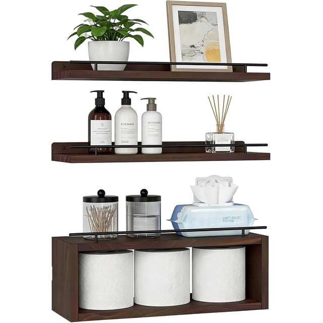 Flotantes de Pared, Set de 3 Repisa Flotante con Cesta de Almacenamiento, para Baño Resistente y Fácil de Montar, Estantes para Baño de Estilo Retro para Recamara, Sala, Cocina,marrón
