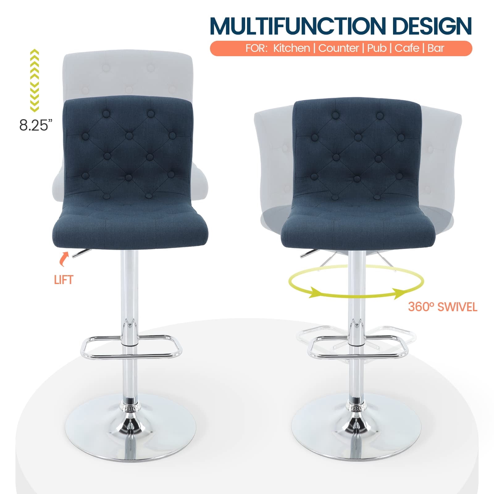 Modern Upholstered Bar Stool with Back Set of 2, Armless 360° Swivel Adjustable Height Linen Padded Bar Chair for Kitchen Island, Dining Room, or Café (Dark Blue)