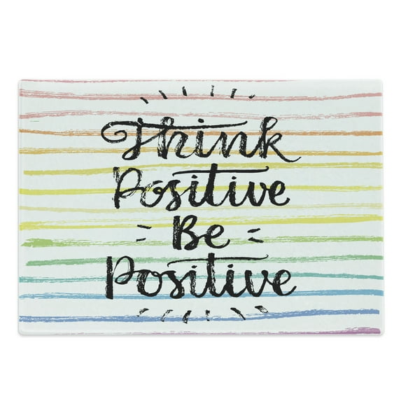 Positive Energy Cutting Board, Motivational Words on Pastel Tone Rainbow Colors Brushstroke Lines, Decorative Tempered Glass Cutting and Serving Board, in 3 Sizes, by Ambesonne