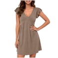 thumbnail image 2 of ClodeEU Women's Summer Babydoll Mini Dress ,Ruffle Sleeveless Deep V Neck Pleated Swing Flowy Tunic Dress Khaki,Womens Plus S, 2 of 5