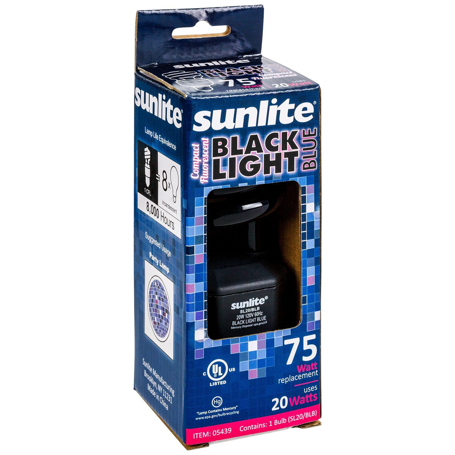 Sunlite SL20/BLB/3PK 20W Spiral Energy Saving CFL Light Bulb Medium Base Blacklight Blue 3 Pack 