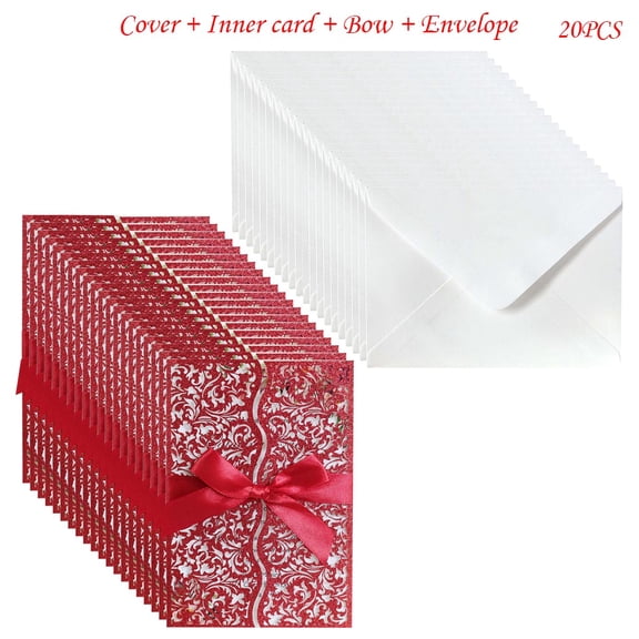 Sinyiin 20pcs Glitter Hollow Invitations Cards with Envelopes Ribbon for Wedding Invite