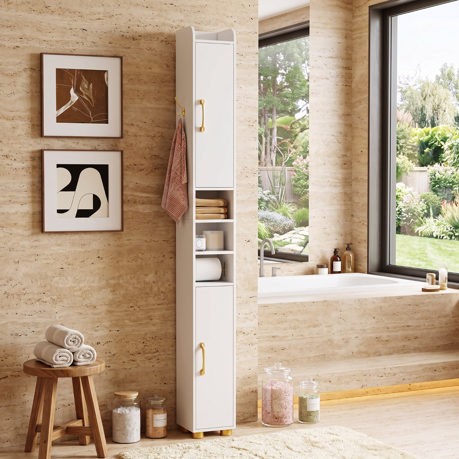 Vebreda Narrow Bathroom Storage Cabinet, Tall Slim Freestanding Tower with 2 Closed Cabinets, Open Shelves and Toilet Paper Holder, Adjustable Shelves, Hook and Anti-Tip Kit, White
