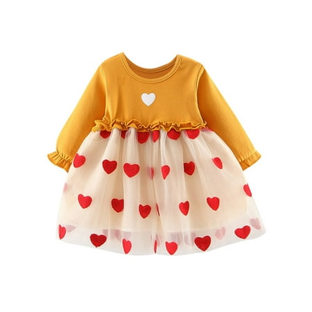 

Girls Fall Dress Size 7 Little Girl Princess Dress Toddler Baby Kids Girls Ruched Tulle Patchwork Love Heart Print Dresses Clothes Long Dress for Toddler Little Girl Dresses Size 8