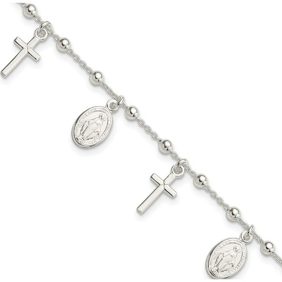 Sterling Silver Polished With 1In Ext Cross Miraculous Medal Bracelet (6.25 X 3) Made In Italy qg4251-6.25