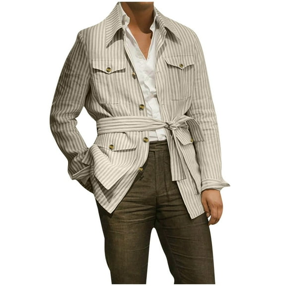 AnuYalue Mens Big and Tall Jacket Fashion Striped Belt Shirts Button Down Long Sleeve Shirts Casual Single Breasted Sport Coat