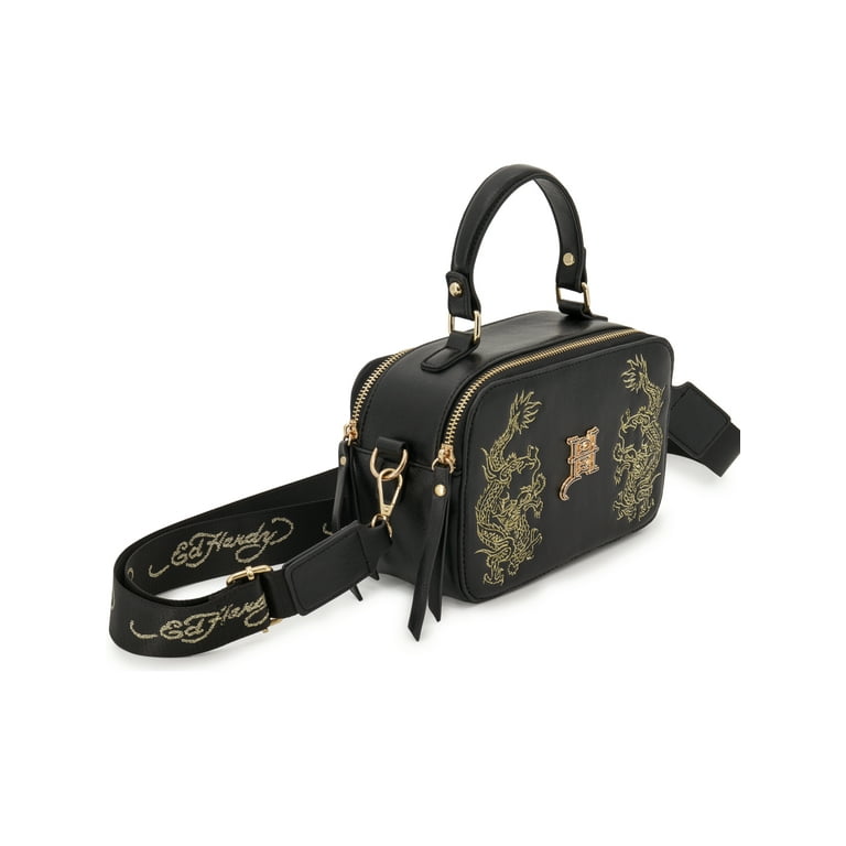 Ed Hardy ハンドバッグ Y2K ブラック 黒 刺繍 ゴールド 総柄 Ed Hardy ハンドバッグ Y2K ブラック 黒 刺繍 ゴールド 総柄 Ed Hardy