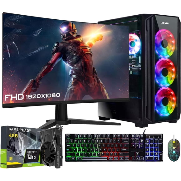 AQVIN Gaming PC Tower | Intel Core i7 Processor up to 4.60GHz | GTX 1650 4GB GDDR5 Graphics | 256GB SSD | 16GB RAM | Windows 11 Pro | WiFi | 24 Inch Curved Monitor