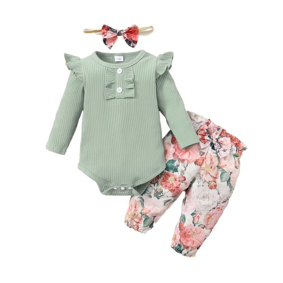 Kucnuzki Newborn Baby Girls Outfit Sets Solid Color Long Sleeves Romper Tops Floral Pants with Headband 3pcs Pant Sets Fall Green 0-3 Months