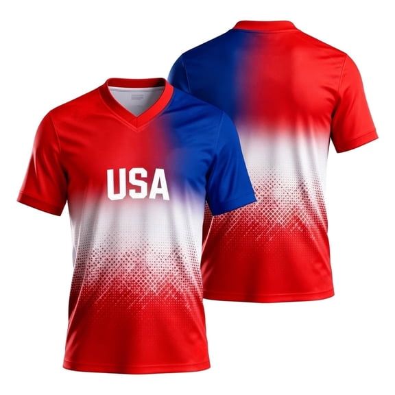 USA 2026 Soccer Cup V-Neck Jersey for Men, Short Sleeve Football Kit Shirt with Red White Blue Gradient & "USA" Print, Breathable Athletic Uniform Top, Lightweight Fan Gear, 1 PC Blue L