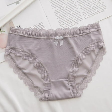 

Greyghost Sexy Solid Color Lace Gauze Bowknot Trim Briefs Comfortable Breathable Low Waist Seamless Panties for Women Gray