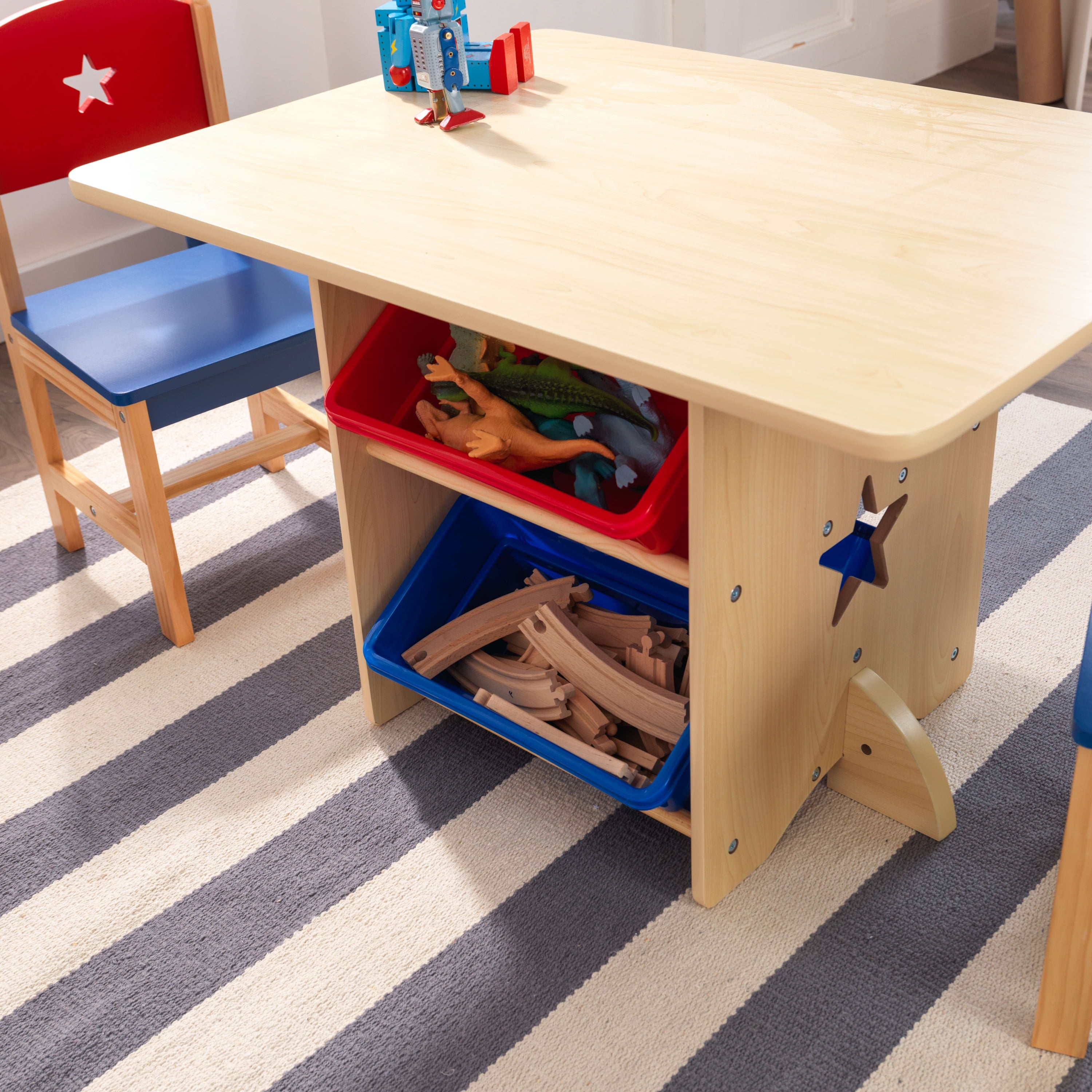 KidKraft Wooden Star Table & Chair Set with 4 Bins, Red, Blue & Natural