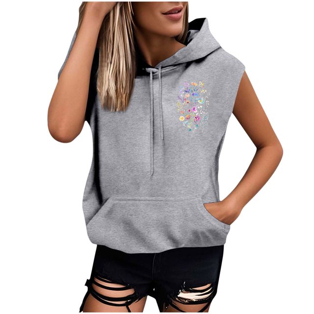 Sombrero Superior para las Mujeres Manga Corta Delantera Y Trasera Impresa Cuerda de Bolsillo con Capucha Sudadera Superior, Desgaste Casual Toda la Temporada