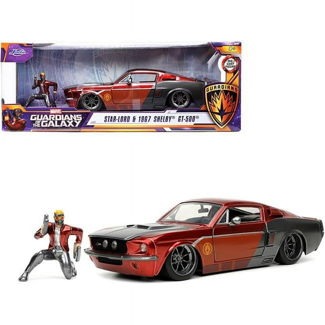 Jada 32915 1-24 Scale 1967 Ford Mustang Shelby GT-500 with Star-Lord Diecast Figurine Guardians of the Galaxy Marvel Diecast Model Car, Metallic Red & Gray