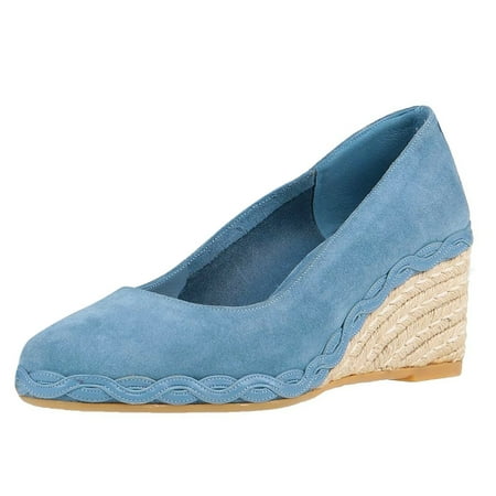 FSJ Women Charming Braided Espadrille Wedge Mid Heel Pumps Round Closed Toe Slip On Casual Office Party Formal Shoes Size 5.5 Blue