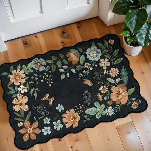 Moynesa 2'x3' Floral Rugs for Entryway, 2x3ft Washable Kitchen Rugs Ultra-Thin Soft Rug, Non Slip Indoor Door Mat Stain Resistant Boho Small Rug Low-Pile Throw Rug for Bathroom Bedroom,Black