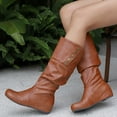 thumbnail image 3 of Women's Round Toe Knee High Boots Comfortable Wide Calf Leather Slouchy Fold Over Booties Hidden Wedge Slip On Riding Boots Orange Size 10.5, 3 of 6