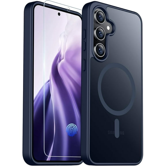 Magnetic for Samsung Galaxy S24 FE Case, with [Tempered Glass Screen Protector][Compatible with MagSafe][Military Grade Shockproof] Slim Translucent Matte Phone Case for S24 FE 6.7"- Blue