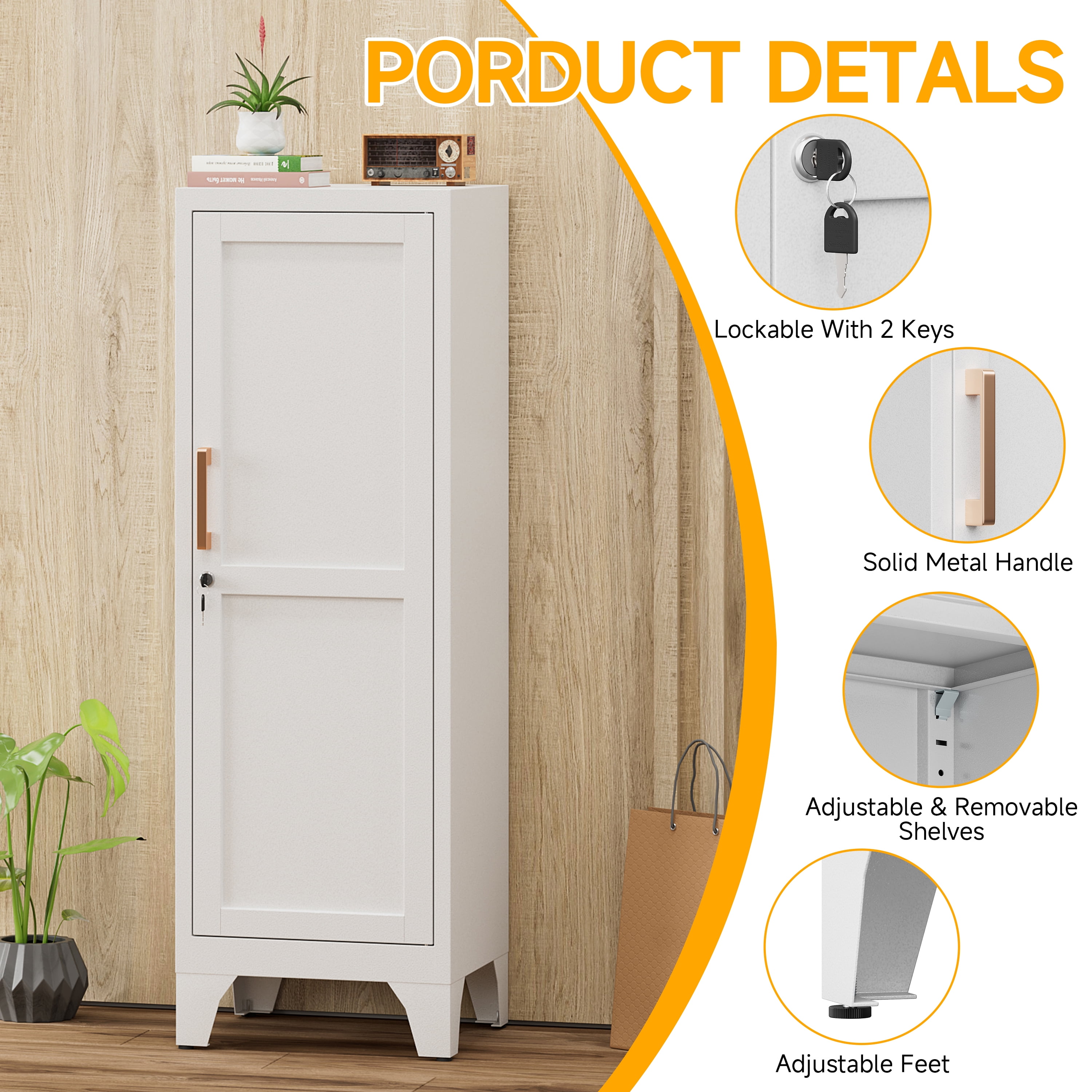 46"H White Metal Pantry Cabinet with 1 Lockable Door and 2 Adjustable Shelves, 3 Tier Small Storage Cabinet with Detachable Legs and Vintage Handle for Kitchen,Home Office,Gym,School,Easy Assembly