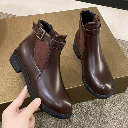 

Cathalem Womens Slip on Boots Platform Boots Fashion Women Artificial Leather Solid Color Autumn Thick Sole Boots Women Zipper Brown 7
